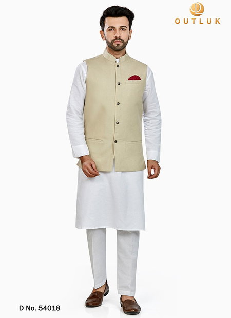 Beige Colour Outluk Vol 54 Festive Wear Linen Blend Digital Print Kurta Pajama With Jacket Mens Collection 54018
